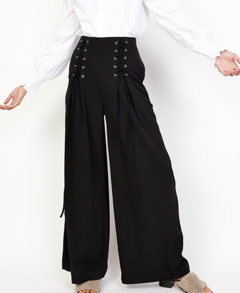 Bella London Ren Black Lace Up Detail Wide Leg Palazzo Trousers. Front View.