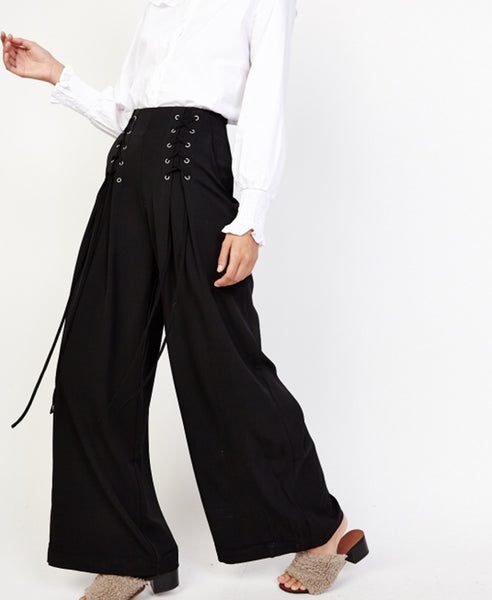 Bella London Ren Black Lace Up Detail Wide Leg Palazzo Trousers. Front Side View.