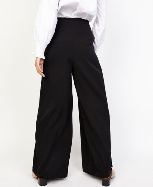 Bella London Ren Black Lace Up Detail Wide Leg Palazzo Trousers. Back View.