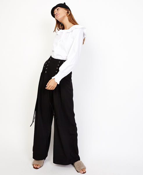 Bella London Ren Black Lace Up Detail Wide Leg Palazzo Trousers. Front Full Length View.