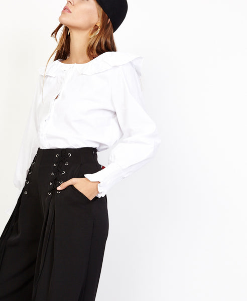 Bella London Ren Black Lace Up Detail Wide Leg Palazzo Trousers. Front Detail View.