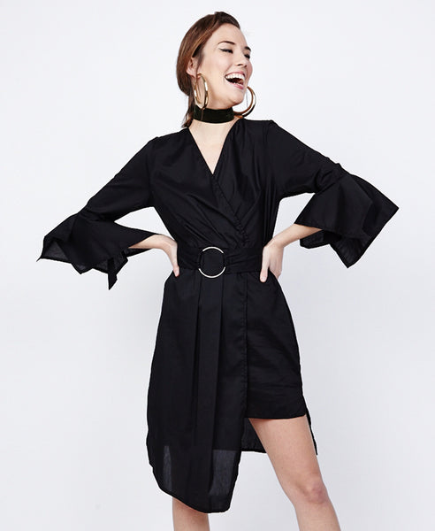 Bella London Azalea Black Asymmetric Wrap Style Shirt Dress. Front View