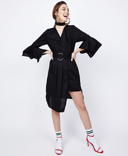 Bella London Azalea Black Asymmetric Wrap Style Shirt Dress. Front Full Length View