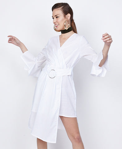 Bella London Azalea White Asymmetric Wrap Style Shirt Dress. Front View