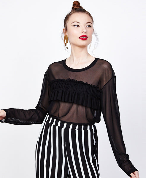 Dahlia black - transparent blouse with front ruffle and long sleeves