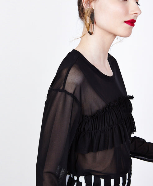 Dahlia black - transparent blouse with front ruffle and long sleeves