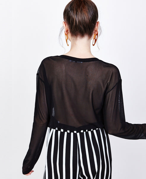 Dahlia black - transparent blouse with front ruffle and long sleeves