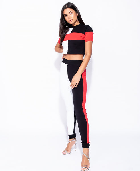 Bella London Holly Black And Red Panel Colour Block Crop Top Co-Ord T-Shirt. Front View. Full Length