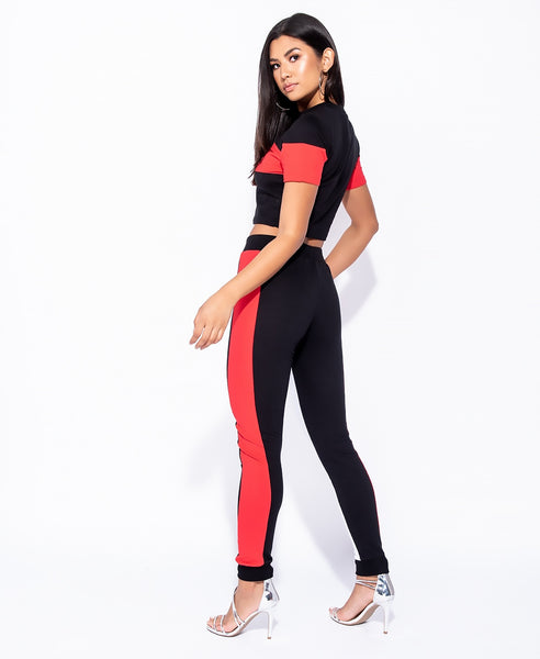 Bella London Sakura Black And Red Panel Colour Block Skinny Fit Co-Ord Joggers. Back View