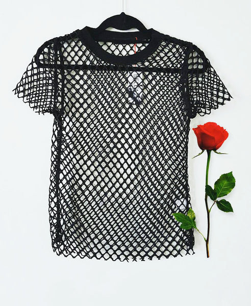 Bella London Andre black sheer net T-shirt with raw hem finish. Flat-lay