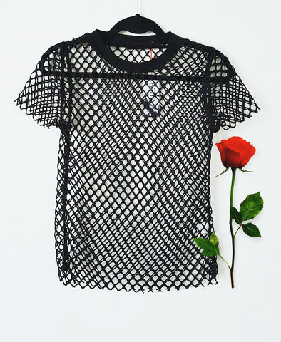 Bella London Andre black sheer net T-shirt with raw hem finish. Flat-lay