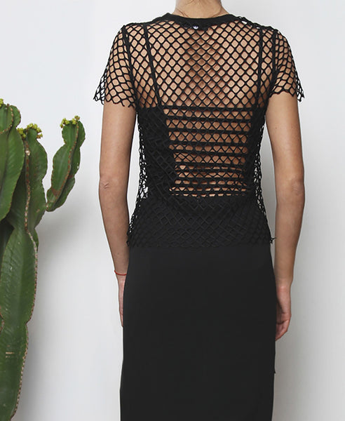 Bella London Andre black sheer net T-shirt with raw hem finish. Close up back view