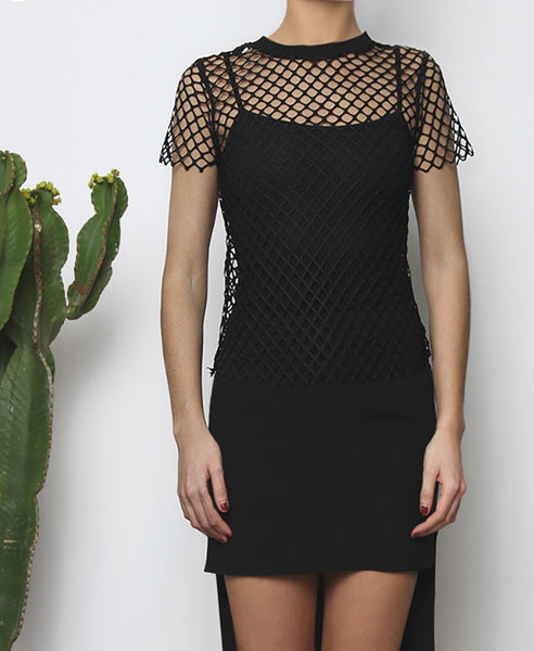 Bella London Andre black sheer net T-shirt with raw hem finish. Close up front view