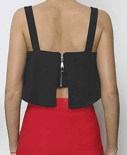 Bella London Black cropped bustier top with ruffle overlay and thick straps. Back photo.