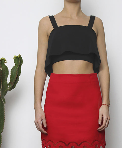 Bella London Black cropped bustier top with ruffle overlay and thick straps. Front photo.