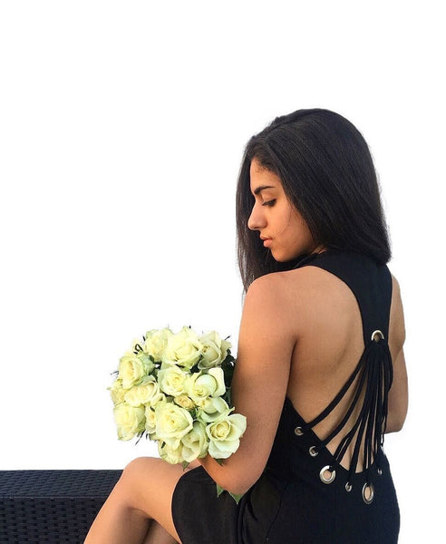 Bella London Nimes Multi-strap open back Little Black Dress with crew neckline and side invisible zip. Back cropped photo.