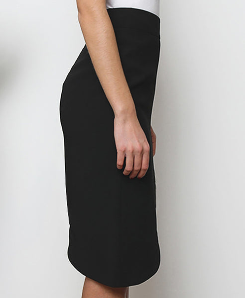 Bella London Black asymmetric skirt with waistband, tigh slit and back invisible zip. Side photo.