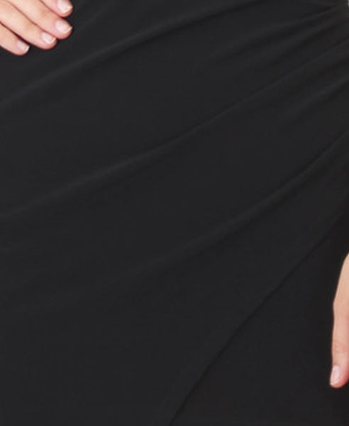Bella London Black asymmetric ruched wrap dress. Close up fabric photo