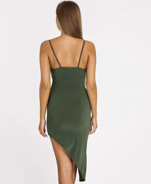 Bella London Khaki asymmetric ruched wrap dress with plunge neckline and spaghetti straps. Close up back view