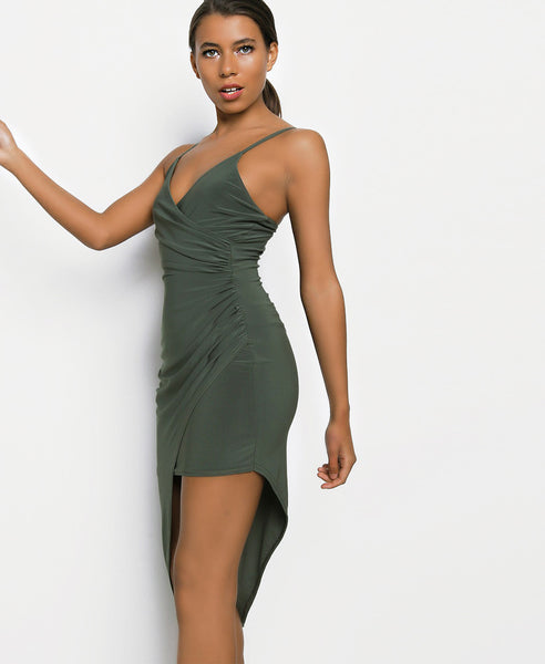 Bella London Khaki asymmetric ruched wrap dress with plunge neckline and spaghetti straps. Close up side front view