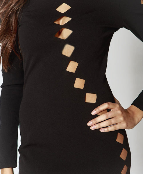 Bella London Issa Black Laser Cut Outs, Bodycon Dress With Long Sleeves And High Neck. Detail View