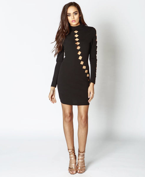 Bella London Issa Black Laser Cut Outs, Bodycon Dress With Long Sleeves And High Neck. Front View