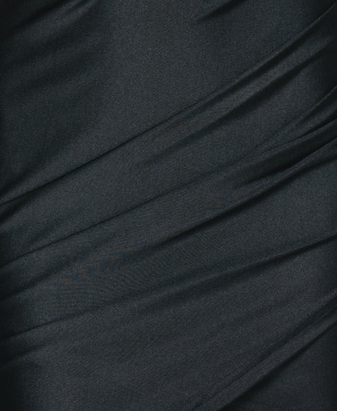 Bella London Black silky jersey slip drape dress. Fabric photo.