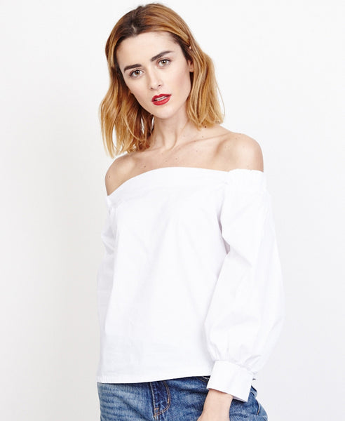 Bella London Saskia White Bardot Style Shirt Blouse, Front View