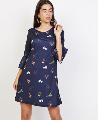 Bella London Gloria Navy Floral Print Shift Dress With Bell Sleeves. Front View