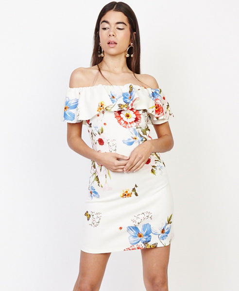 Bella London Lucia White Floral Ruffle Bardot Off The Shoulder  Dress. Front View