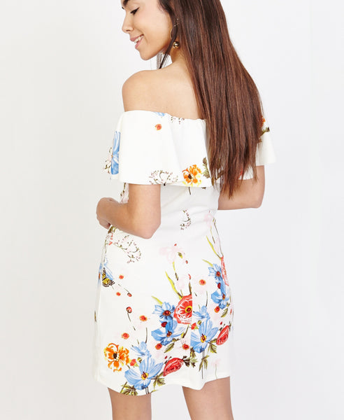 Bella London Lucia White Floral Ruffle Bardot Off The Shoulder  Dress. Back View