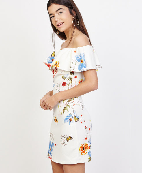 Bella London Lucia White Floral Ruffle Bardot Off The Shoulder  Dress. Side View