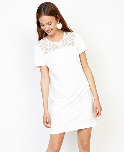Bella London Angel White T-shirt Shift Dress With Lace And Pearls Detail. Front View