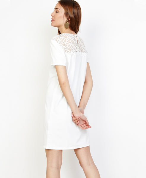 Bella London Angel White T-shirt Shift Dress With Lace And Pearls Detail. Back View