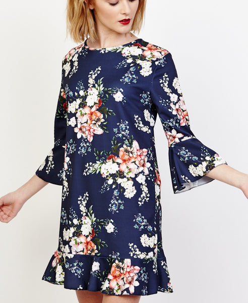 Bella London Willa Navy Floral Bell Sleeve Shift Dress With Ruffle Hem. Front View