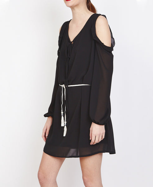 Bella London Farai Black Chiffon Cold Shoulder Shift Dress With Frill Detail, Side Front View