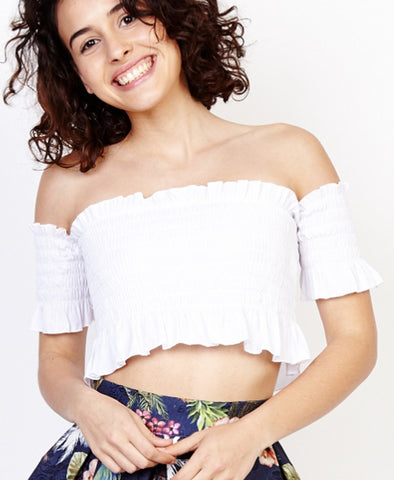 Bella London Kyla White Off The Shoulder Bardot Shirred Crop Top With Saleeves And Ruffle Hem. Front View