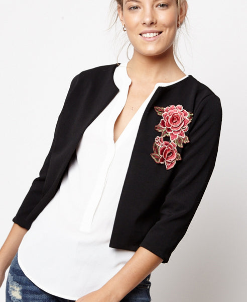 Bella London Danae Black Cropped Jacket With Embroidered Flower and 3/4 Sleeves. Front View