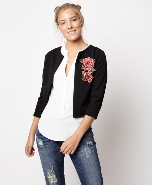Bella London Danae Black Cropped Jacket With Embroidered Flower and 3/4 Sleeves. Front View