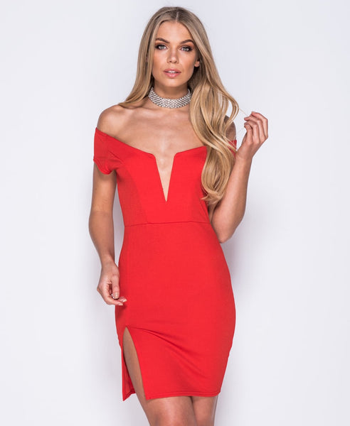 Bella London 'Samia' Red Bardot Off The Shoulders V Neck Dress With Thight Split. Front View