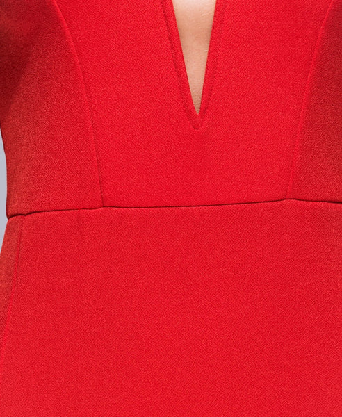 Bella London 'Samia' Red Bardot Off The Shoulders V Neck Dress With Thight Split. Detail Fabric View