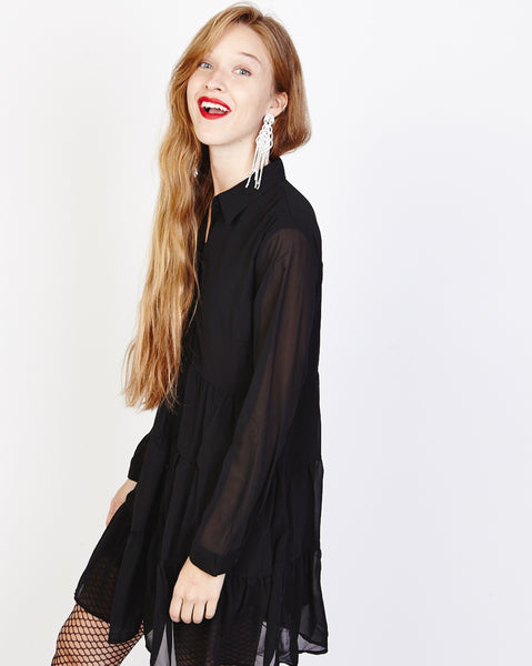 Bella London Paola Black Chiffon Shirt Dress With Sheer Sleeves And Ruffled Skirt. Side View.