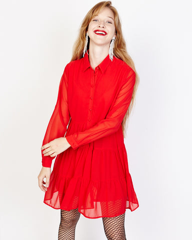 Bella London Paola Red Chiffon Shirt Dress With Sheer Sleeves And Ruffled Skirt. Front View.