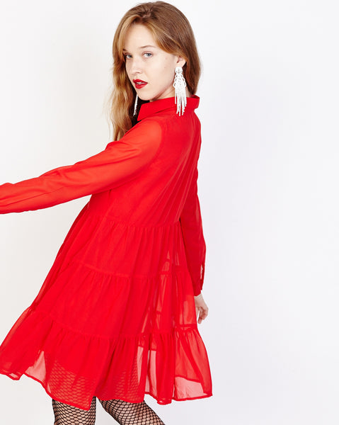 Bella London Paola Red Chiffon Shirt Dress With Sheer Sleeves And Ruffled Skirt. Side Back View.