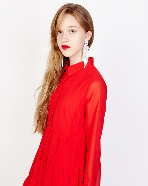 Bella London Paola Red Chiffon Shirt Dress With Sheer Sleeves And Ruffled Skirt. Detail View.