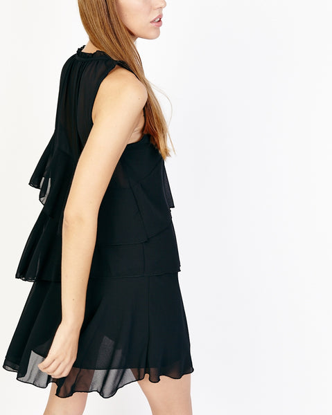 Bella London Nahia Black Chiffon Tiered Ruffle Dress With Sheer Neck Panel. Side View.