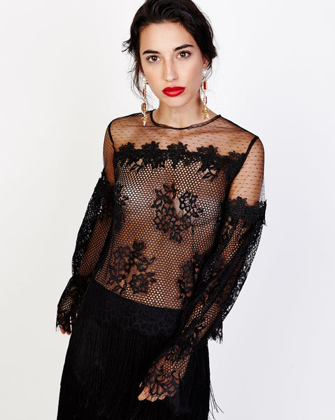 Bella London Viona Black Mixed Lace Sheer Blouse With Long Bell Sleeves. Front View.