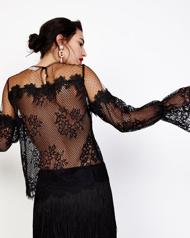 Bella London Viona Black Mixed Lace Sheer Blouse With Long Bell Sleeves. Back View.