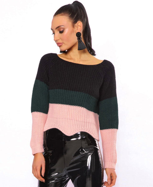 Bella London Ella Black Colour Block Knitted Jumper With Scalloped Hem. Front View
