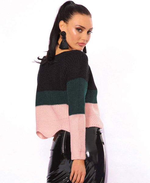 Bella London Ella Black Colour Block Knitted Jumper With Scalloped Hem. Back View